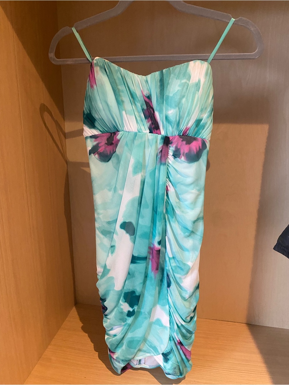 le chateau Aqua and Pink Floral Strapless Dress